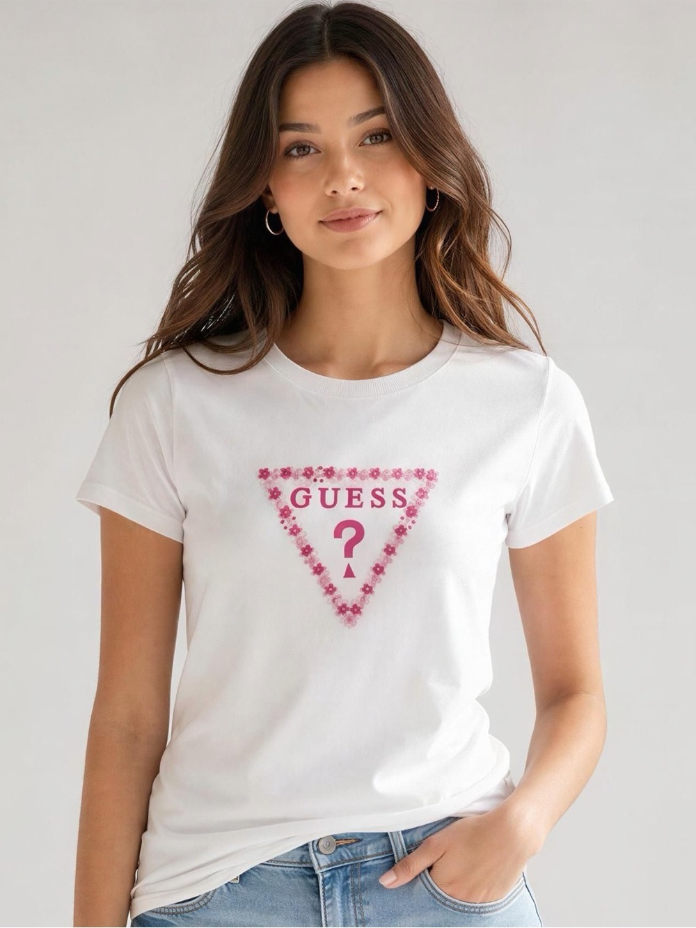 GUESS White T-Shirt with Pink Floral Triangle Logo size S